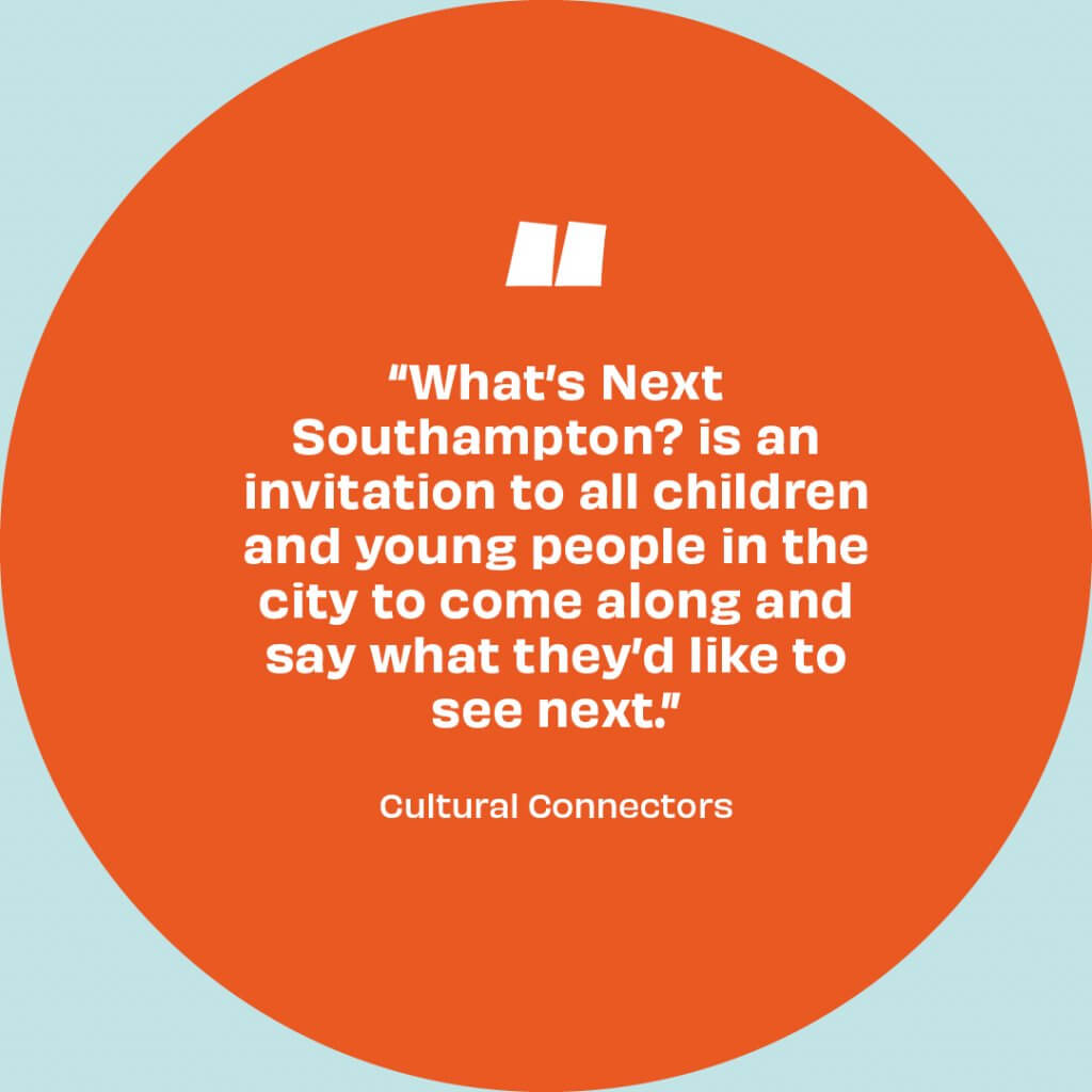 Bright orange circle with white text "What's Next Southampton? is an invitation to all children and young people in the city to come along and say what they'd like to see next." Cultural Connectors